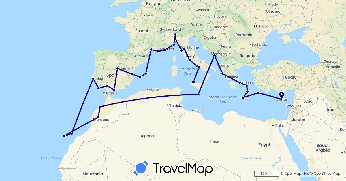TravelMap itinerary: driving in Cyprus, Spain, France, Greece, Croatia, Italy, Morocco, Monaco, Malta, Portugal (Africa, Asia, Europe)